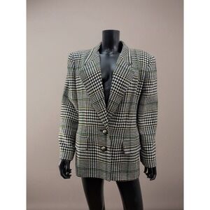 Le Suit Wool Blend Houndstooth Plaid Blazer Black White Tailored Jacket